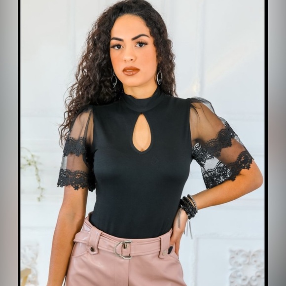 Tops - Elegant Black Lace Sleeve bodysuit